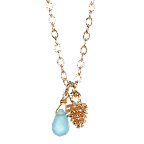 Aqua Briolette & Pinecone Charm Necklace